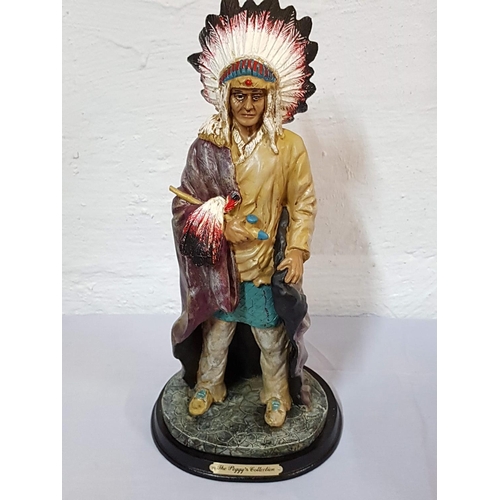 671 - Indian Chief of the Tribe Resin Figurine on Wooden Base (The Peggy's Collection) (H:37cm)