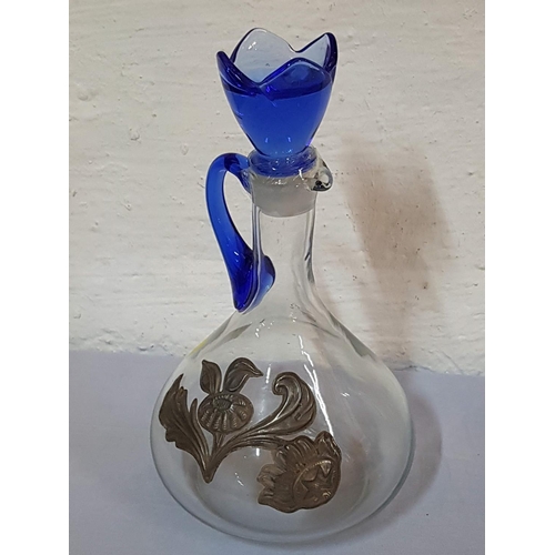 672 - Decorative Jug with Stopper (Blue Glass Flower Shape) and Metal Floral Decor (H:25cm)