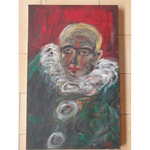 820A - Oil on Board of Perrot / Clown by Skordi Spyroula Signed on Lower Right Corner, Approx 70cm x 45cm