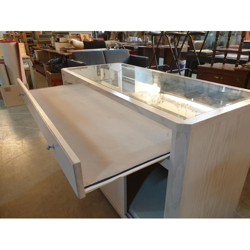 89 - Light Wood Effect Shop Display Island with Glass Top Over Display Drawer, Cupboard with Sliding Door... 