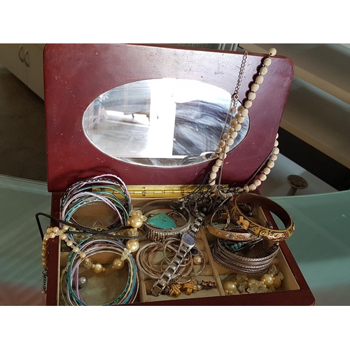 335 - Fossil Blue Ladies Watch ES-9527 and Various of Costume Jewellery in Wooden Decorative Jewellery Box