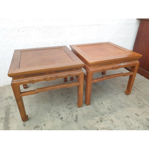 100N - A Pair of Chinese Elm Side Tables with Square Caned Tops (60cm x H:53cm) (Ref: FUR 563)