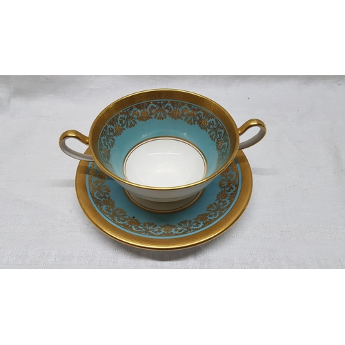 20 - Gold and Turquoise Porcelain Soup Bowl with Saucer (Aynsley) and Coffee Cup with Saucer (Royal Worce... 