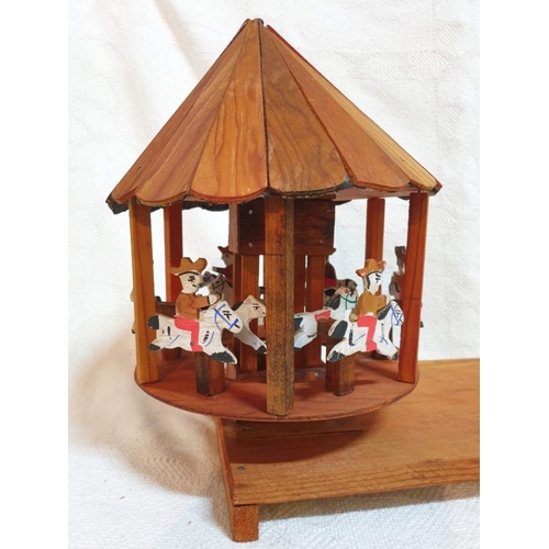 410A - Handmade Wooden Manual Wind Carousel with Disney Quest Plaque (Approx H:33cm, L: 42cm)