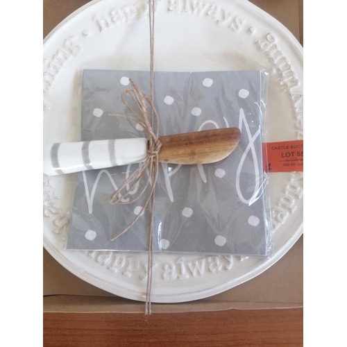 55 - 'Happy' Plate, Napkins and Porcelain Handled Wooden Knife Gift Set