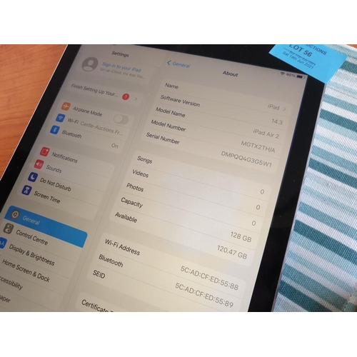 56 - Apple iPad Air 2 (Model A1566) 128GB, Passcode 123456 with Canvas Carry Sleeve / Cover, USB Cable an... 