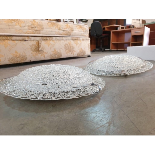 67 - Pair of Decorative Glass Round Ceiling Lights with 3 x White Metal Leaf Shapes (2)