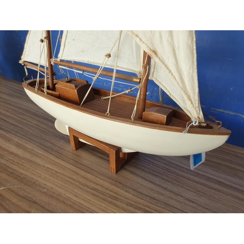 82 - Wooden Model of Sailing Boat with Stand / Wall Bracket (Approx. H:53cm x L:45cm Overall)