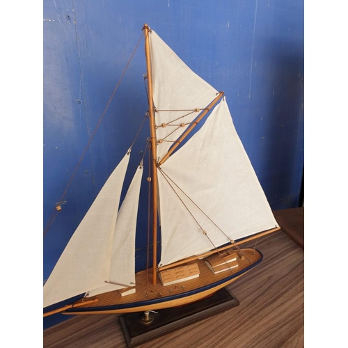 83 - Wooden Model of Yacht / Sailing Boat on Stand (Approx. H:65cm x L:67cm Overall)
