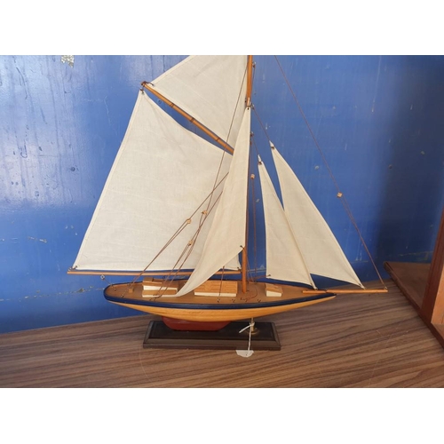 83 - Wooden Model of Yacht / Sailing Boat on Stand (Approx. H:65cm x L:67cm Overall)