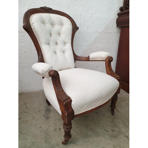 81A - A Fine Pair of Victorian Button Back Mahogany Lady's and Gentleman's Chairs, Upholstered in Cream Fa... 