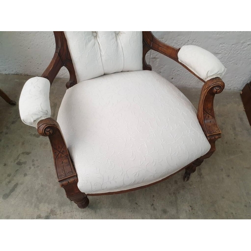 81A - A Fine Pair of Victorian Button Back Mahogany Lady's and Gentleman's Chairs, Upholstered in Cream Fa... 