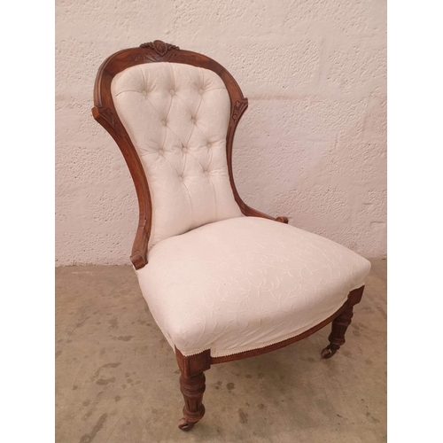 81A - A Fine Pair of Victorian Button Back Mahogany Lady's and Gentleman's Chairs, Upholstered in Cream Fa... 