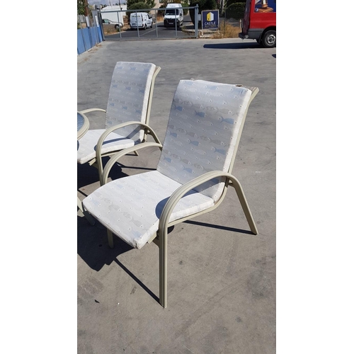 42 - Aluminium / Glass Garden Set; Round Table, 4 x Matching Chairs with Cushions and Umbrella with Base