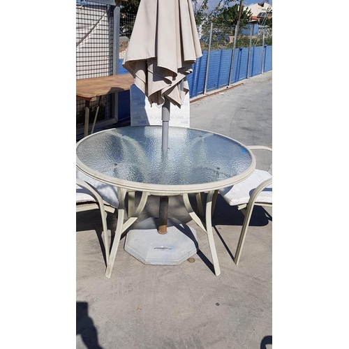 42 - Aluminium / Glass Garden Set; Round Table, 4 x Matching Chairs with Cushions and Umbrella with Base