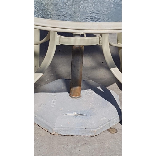 42 - Aluminium / Glass Garden Set; Round Table, 4 x Matching Chairs with Cushions and Umbrella with Base
