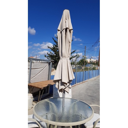 42 - Aluminium / Glass Garden Set; Round Table, 4 x Matching Chairs with Cushions and Umbrella with Base
