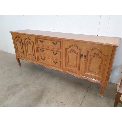 227 - Vintage Wood Effect Side Board with Moulded Cupboard Door Fronts and 3 - Drawers (216cm x 50cm x 88c... 