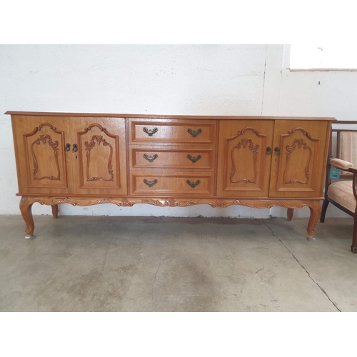 227 - Vintage Wood Effect Side Board with Moulded Cupboard Door Fronts and 3 - Drawers (216cm x 50cm x 88c... 