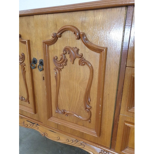 227 - Vintage Wood Effect Side Board with Moulded Cupboard Door Fronts and 3 - Drawers (216cm x 50cm x 88c... 