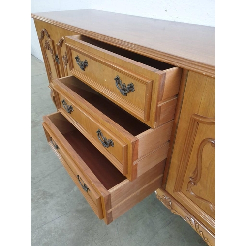 227 - Vintage Wood Effect Side Board with Moulded Cupboard Door Fronts and 3 - Drawers (216cm x 50cm x 88c... 