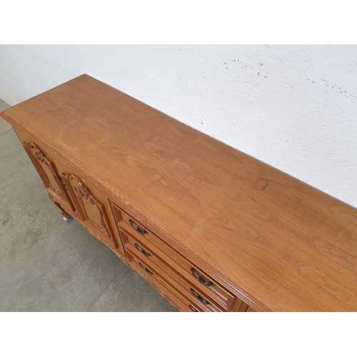 227 - Vintage Wood Effect Side Board with Moulded Cupboard Door Fronts and 3 - Drawers (216cm x 50cm x 88c... 