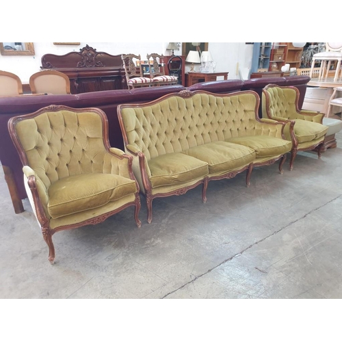 228 - Vintage Carved Wood Classical Style Sofa Set with Button Fabric Back Studded Green Fabric; 3 - Seate... 