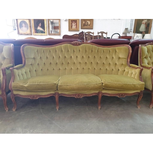 228 - Vintage Carved Wood Classical Style Sofa Set with Button Fabric Back Studded Green Fabric; 3 - Seate... 