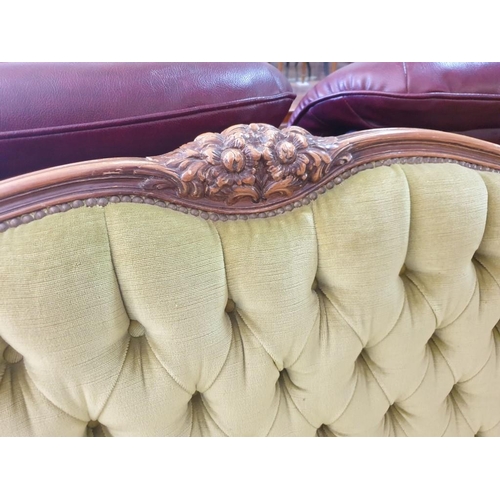 228 - Vintage Carved Wood Classical Style Sofa Set with Button Fabric Back Studded Green Fabric; 3 - Seate... 