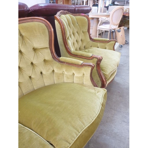 228 - Vintage Carved Wood Classical Style Sofa Set with Button Fabric Back Studded Green Fabric; 3 - Seate... 