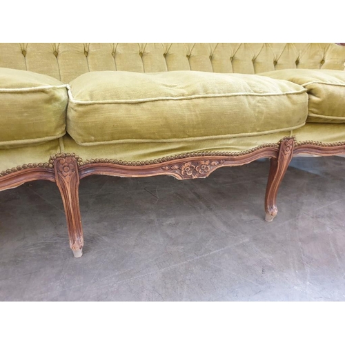 228 - Vintage Carved Wood Classical Style Sofa Set with Button Fabric Back Studded Green Fabric; 3 - Seate... 