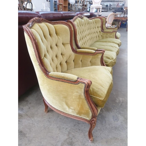 228 - Vintage Carved Wood Classical Style Sofa Set with Button Fabric Back Studded Green Fabric; 3 - Seate... 
