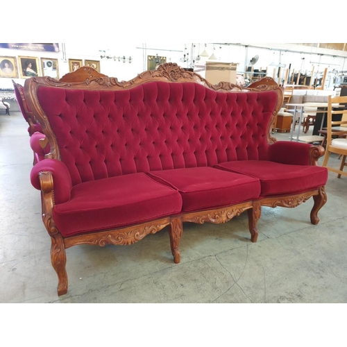303 - Classical / Chateau Style 3-Seat Sofa with Carved Wood Surround, Scroll Arms and Finished in Button ... 