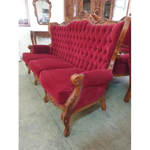 303 - Classical / Chateau Style 3-Seat Sofa with Carved Wood Surround, Scroll Arms and Finished in Button ... 