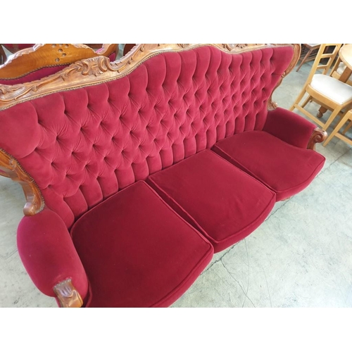 303 - Classical / Chateau Style 3-Seat Sofa with Carved Wood Surround, Scroll Arms and Finished in Button ... 