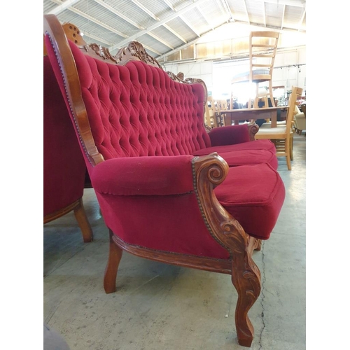 303 - Classical / Chateau Style 3-Seat Sofa with Carved Wood Surround, Scroll Arms and Finished in Button ... 