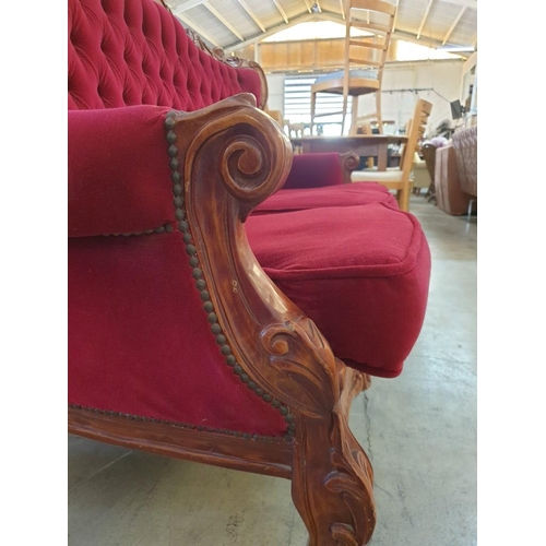 303 - Classical / Chateau Style 3-Seat Sofa with Carved Wood Surround, Scroll Arms and Finished in Button ... 