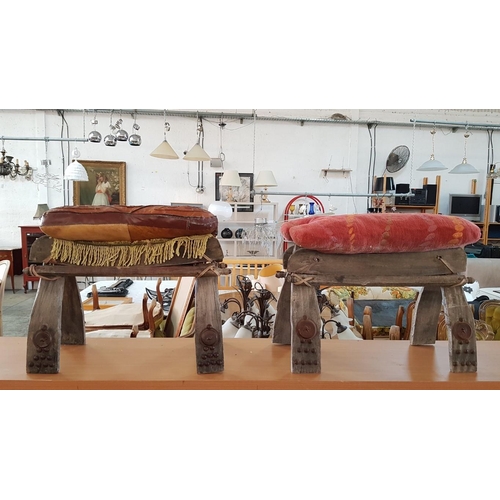 186 - Pair of Oriental Hand Made Stools Wood with metal Decor and Decorative Cushions (Leather and Fabric)