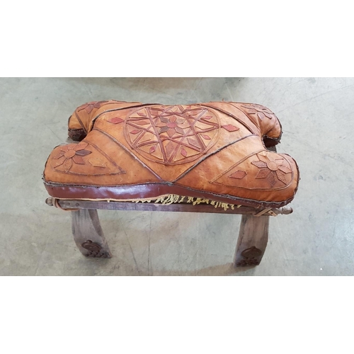 186 - Pair of Oriental Hand Made Stools Wood with metal Decor and Decorative Cushions (Leather and Fabric)