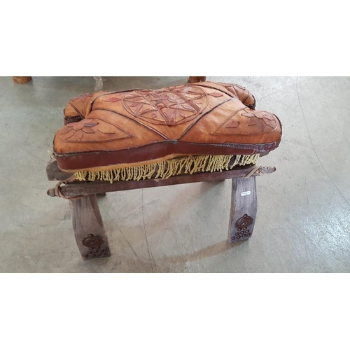 186 - Pair of Oriental Hand Made Stools Wood with metal Decor and Decorative Cushions (Leather and Fabric)