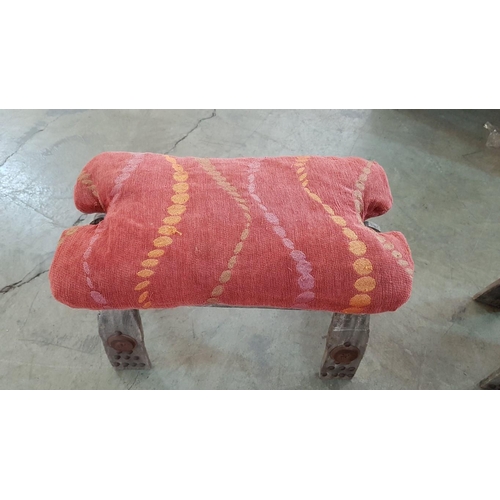 186 - Pair of Oriental Hand Made Stools Wood with metal Decor and Decorative Cushions (Leather and Fabric)