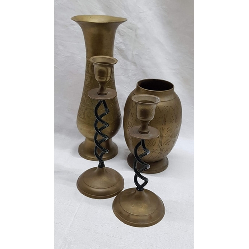 194 - Brass Collection 2 x Vases and Pair of Matching Candle Sticks