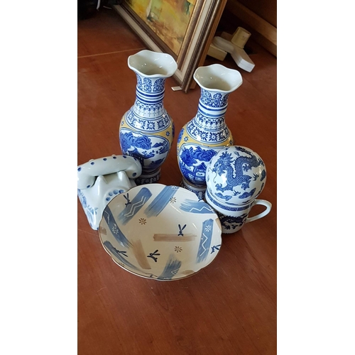 216 - Blue and White Collection: Pair of Vases, Mug, Bowl, Sweets Plate and Money Box (x6)
