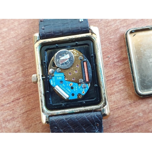 183 - Ladies Vintage Gucci Gold Plated Wrist Watch with Brown Leather Strap, Swiss Made, Quartz Movement (... 