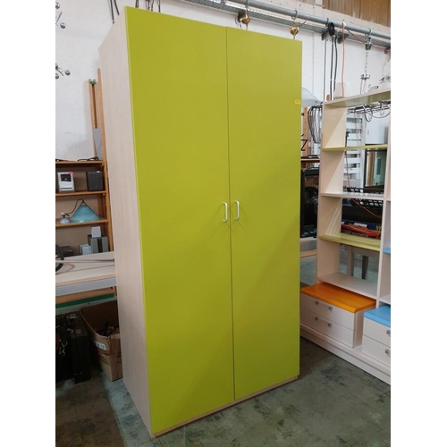 342 - Modern 2 - Door Wardrobe Light Wood Colour with Lime Green Doors, Internal shelves, Hanging Rail & M... 