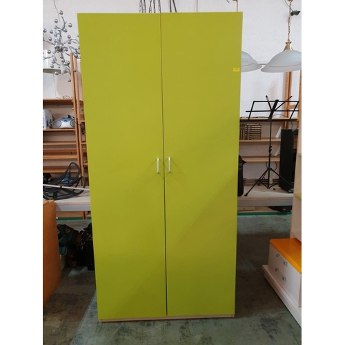 342 - Modern 2 - Door Wardrobe Light Wood Colour with Lime Green Doors, Internal shelves, Hanging Rail & M... 
