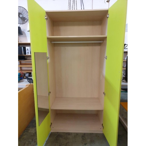 342 - Modern 2 - Door Wardrobe Light Wood Colour with Lime Green Doors, Internal shelves, Hanging Rail & M... 