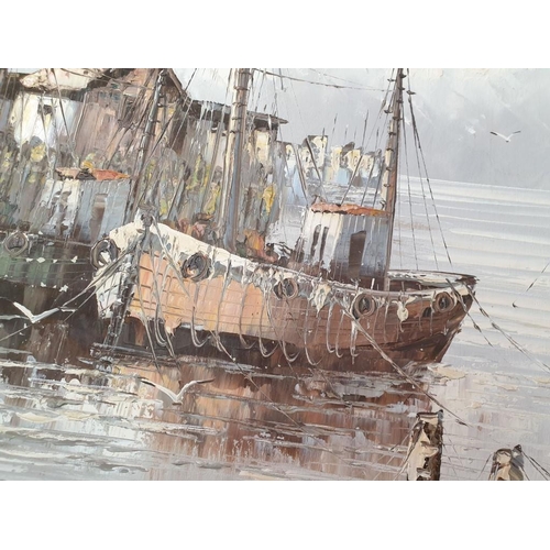 110 - Framed Oil on Canvas of Ships in Harbour Signed 