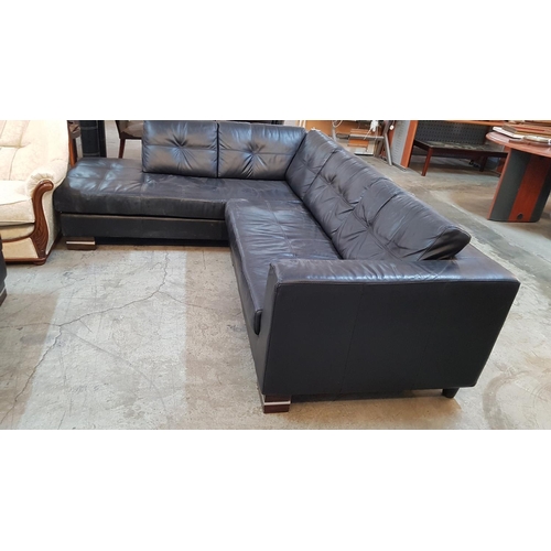 93 - Black Leather Corner Sofa with Matching Large Stool (Sofa - 94cm x 250cm x 196cm and Stool - 90cm x ... 