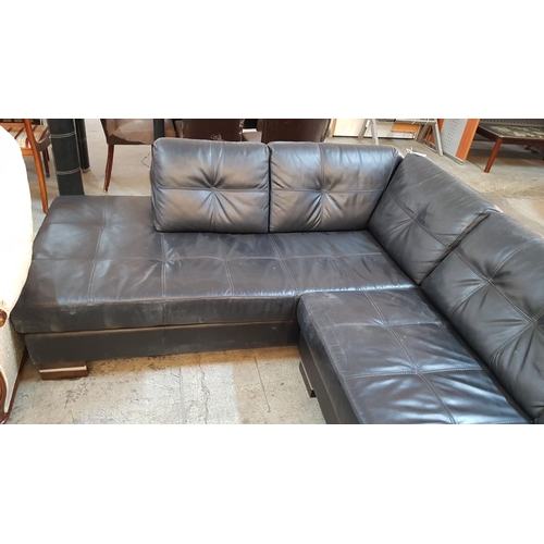 93 - Black Leather Corner Sofa with Matching Large Stool (Sofa - 94cm x 250cm x 196cm and Stool - 90cm x ... 